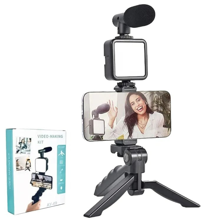 AY49 Mobile Vlogging Kit with Tripod, LED Light, Microphone & Bluetooth Remote – Video Making Kit for YouTube, TikTok & Live Streaming