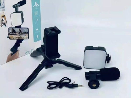 AY49 Mobile Vlogging Kit with Tripod, LED Light, Microphone & Bluetooth Remote – Video Making Kit for YouTube, TikTok & Live Streaming