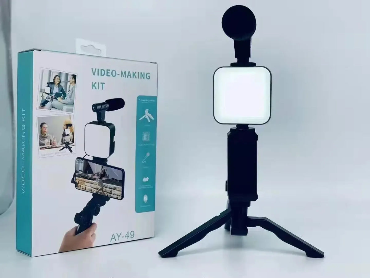 AY49 Mobile Vlogging Kit with Tripod, LED Light, Microphone & Bluetooth Remote – Video Making Kit for YouTube, TikTok & Live Streaming