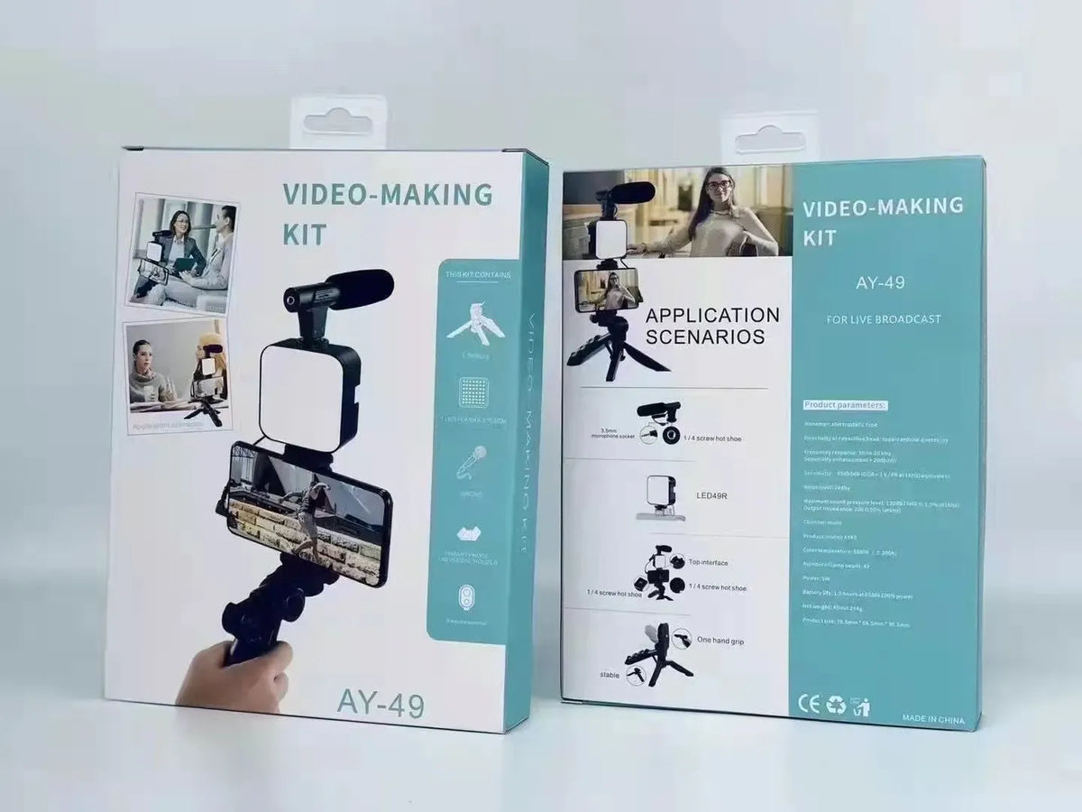 AY49 Mobile Vlogging Kit with Tripod, LED Light, Microphone & Bluetooth Remote – Video Making Kit for YouTube, TikTok & Live Streaming